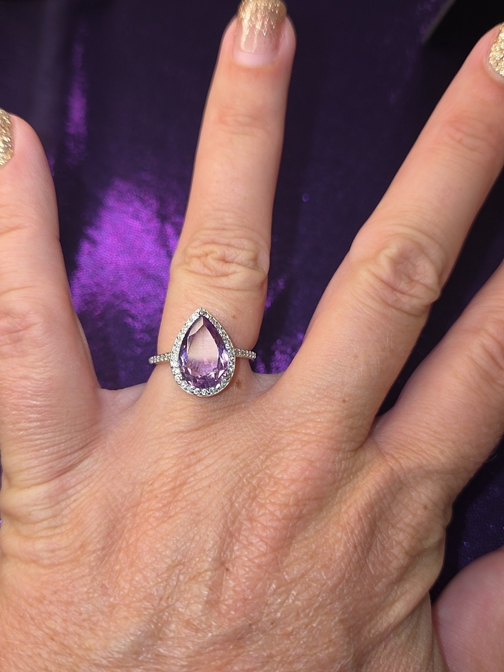 Sterling Silver Pear-Cut Amethyst Halo Ring - Purple